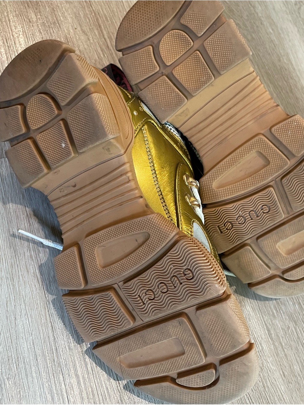 Gucci Metallic Gold, White & Tan Mesh Athletic Sneakers - Picture 7 of 13